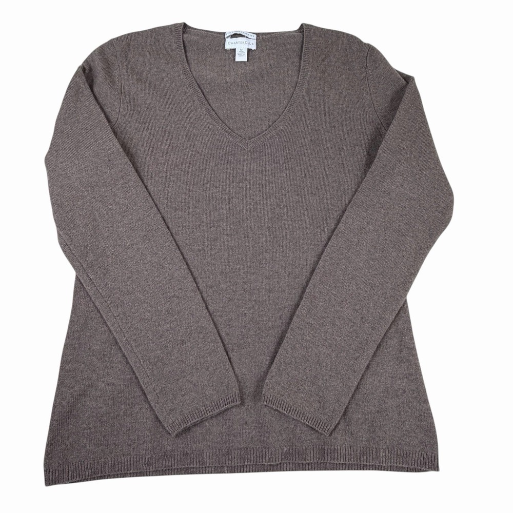 Charter Club Cashmere Sweater Womens Medium Brown V-Neck Long Sleeve Pullover